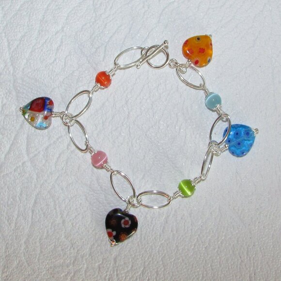Sterling Silver Glass Beads and Heart Charms Bracelet - NEW - Picture 8 of 10